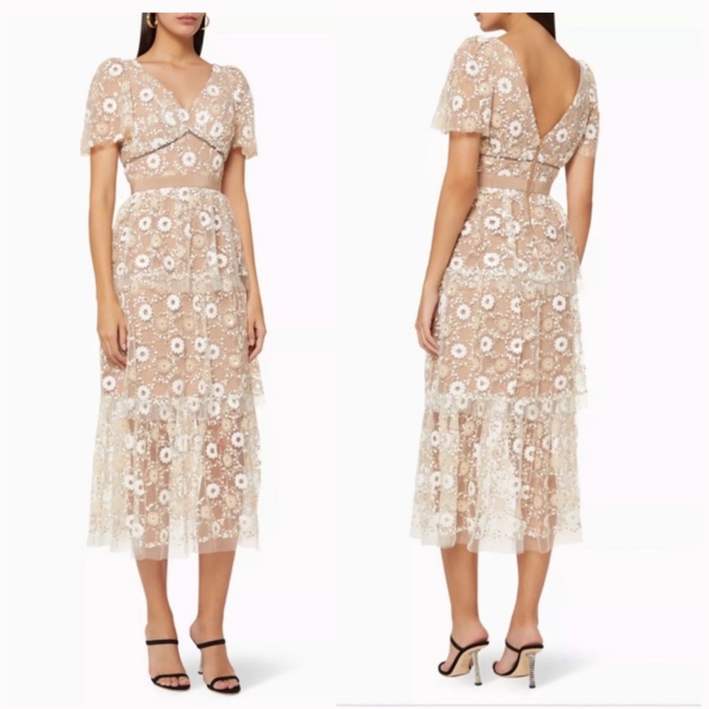 Self-Portrait Flower Sequin Puff Sleeved Midi Dress